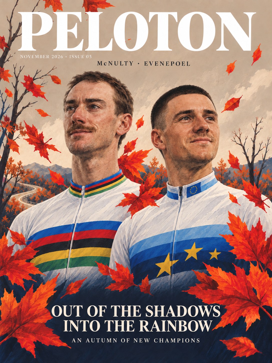 Painted cover of Peloton issue 05: Brandon McNulty in the rainbow world champion jersey and Remco Evenepoel in the white-and-blue European champion jersey with gold stars. Red autumn leaves, navy shadows and a warm beige backdrop. Title: Out of the shadows, into the rainbow.