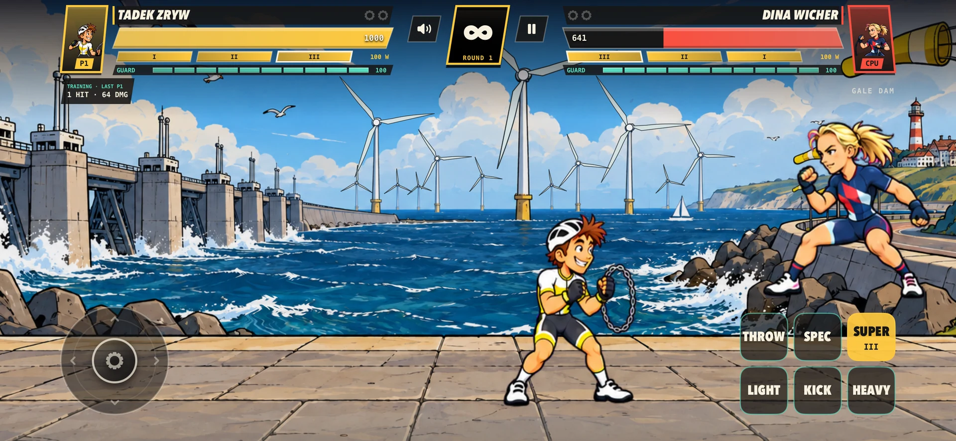 One-on-one combat, WATTS energy and touch controls.