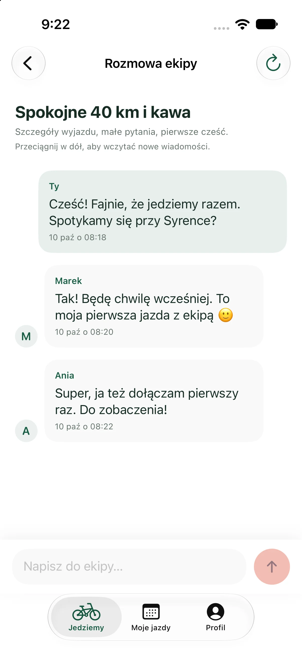 Rozmowa uczestników zaakceptowanych na jazdę.
