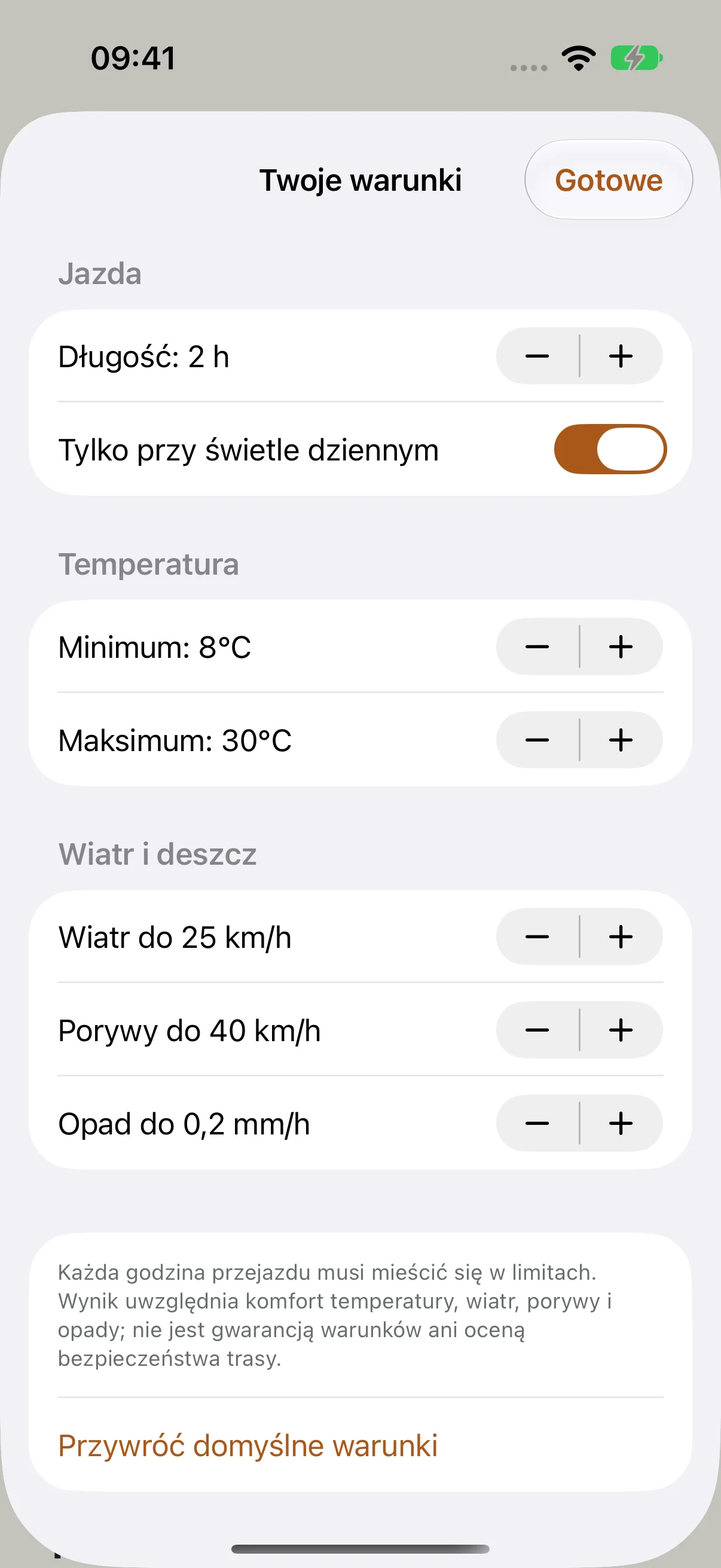 Własne limity warunków jazdy.