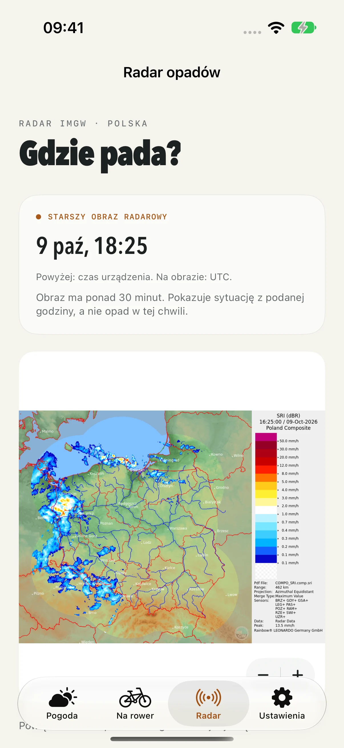 Oficjalny radar IMGW z czasem obrazu.