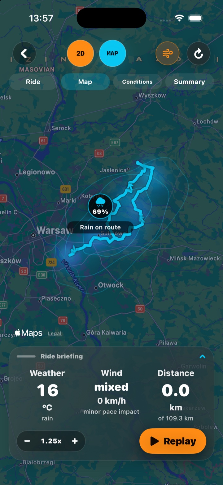 The route, rain cell, and map panel.