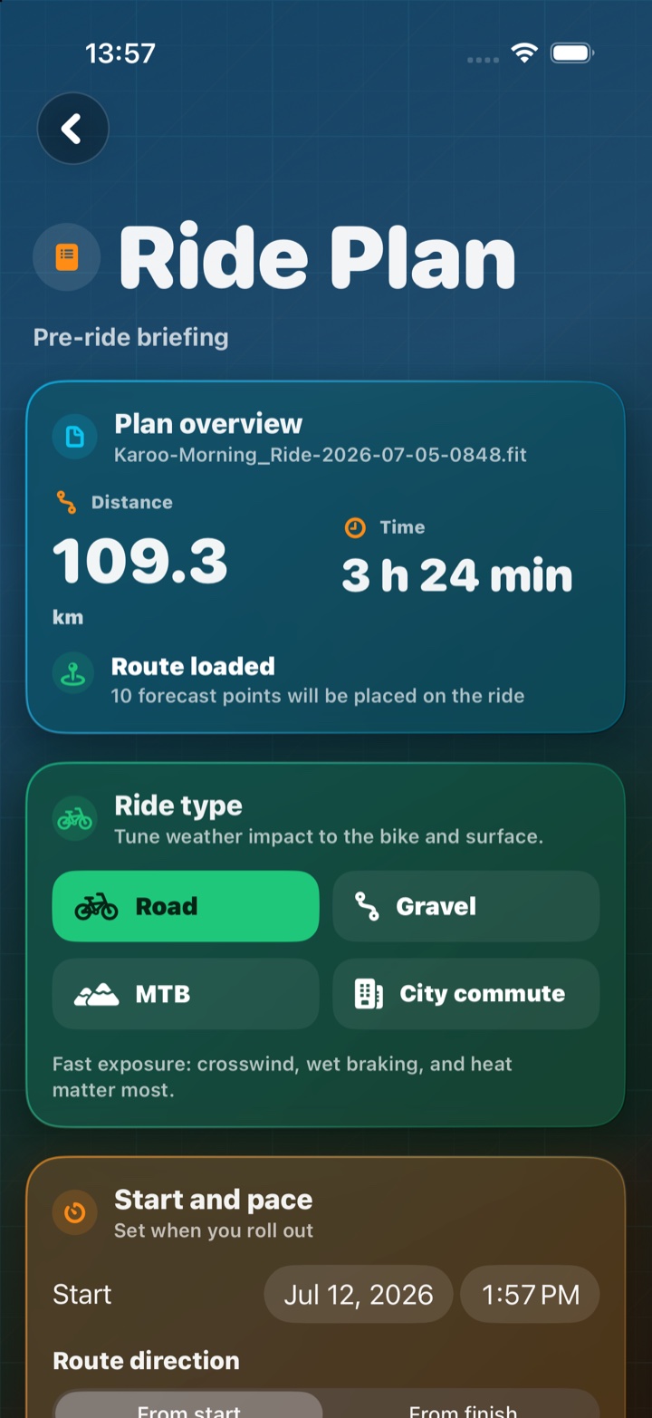Ride profile, direction, pace, and start time shape the forecast.