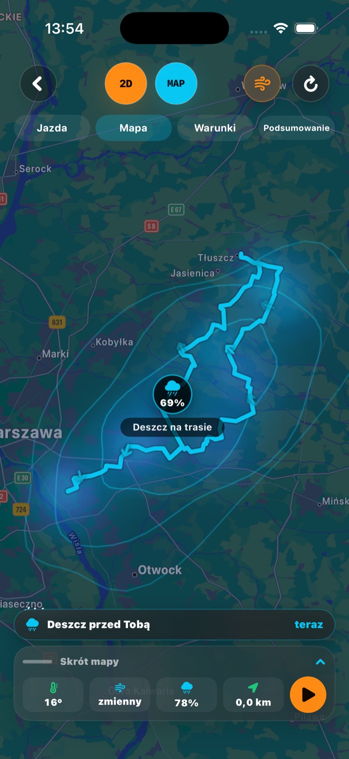 Trasa, komórka deszczu i panel mapy.